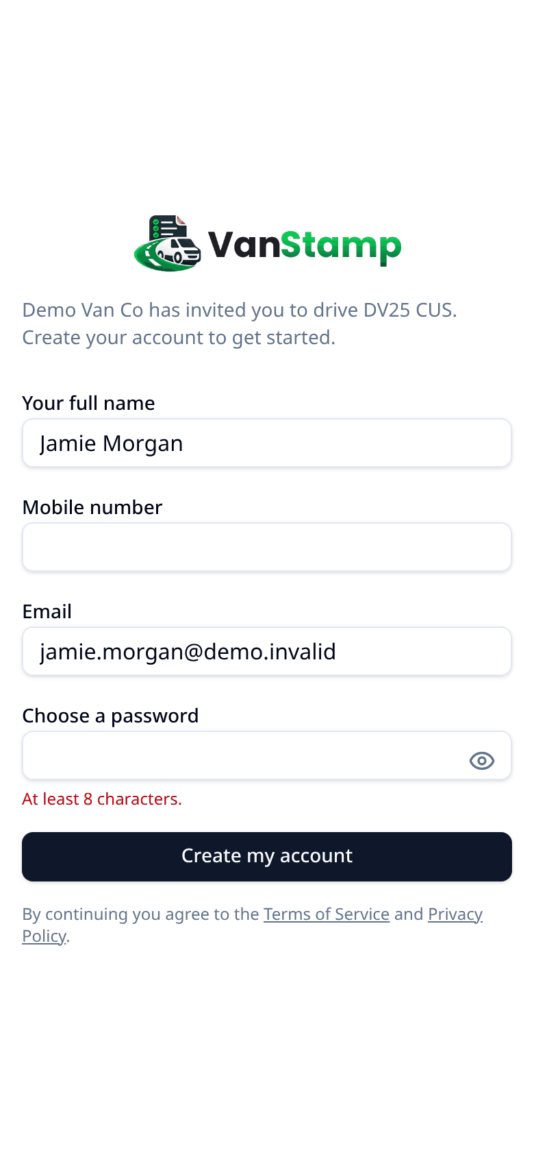 the invite / sign-up screen on a phone