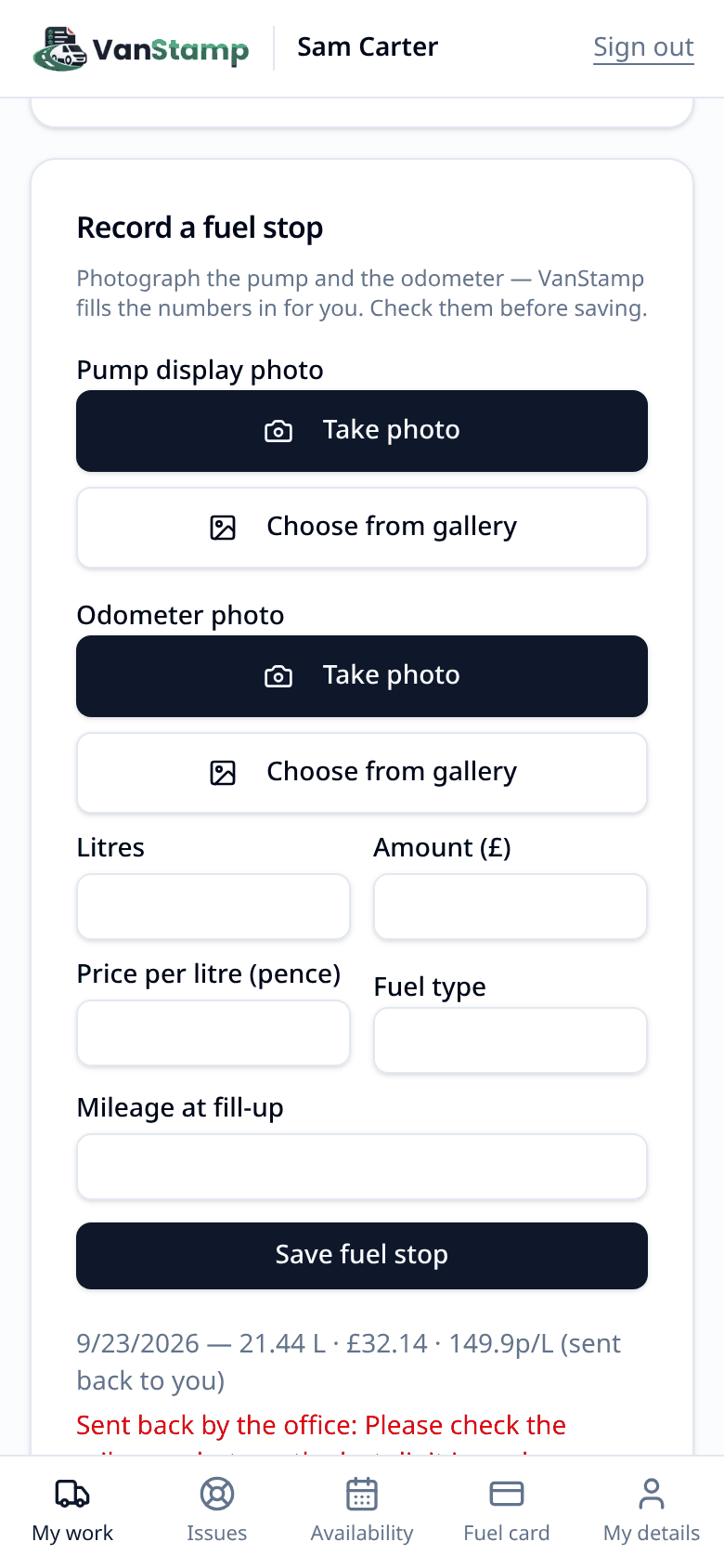 a fuel stop with the locked "Read from your photos" figures