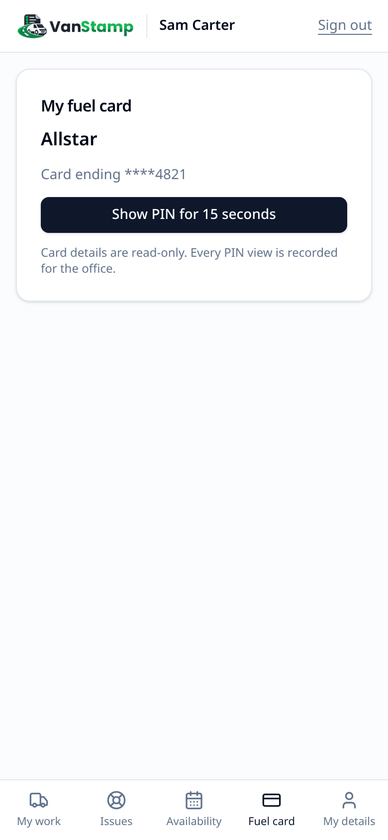 the fuel card tab (PIN hidden)
