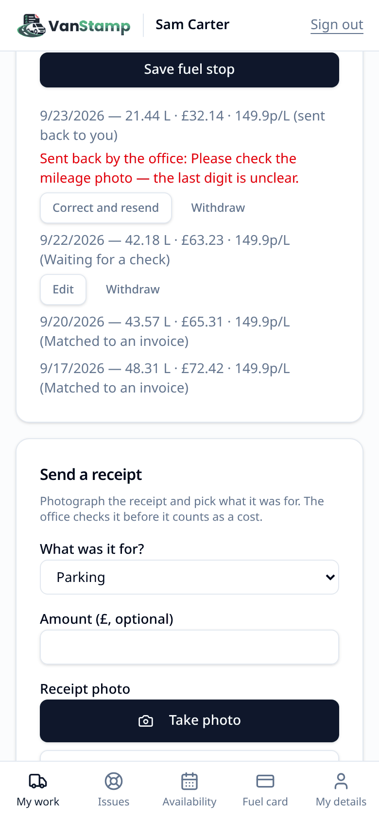 an entry marked "Sent back to you" with Correct and resend / Withdraw