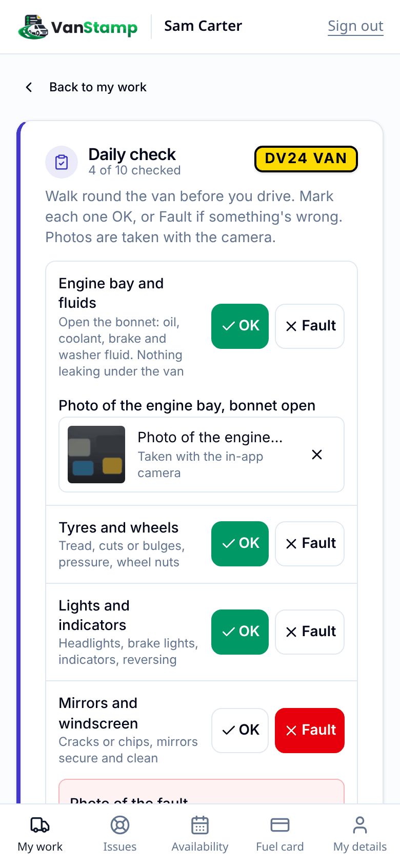 VanStamp daily van check on a driver's phone, with items marked OK or Fault and an engine bay photo