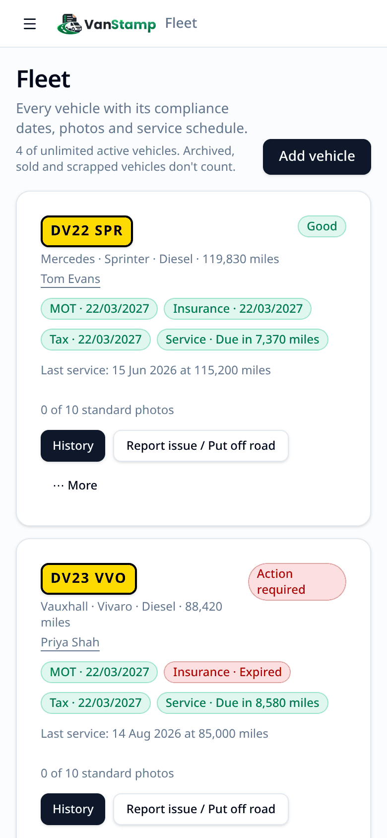 fleet list with number plates and compliance chips