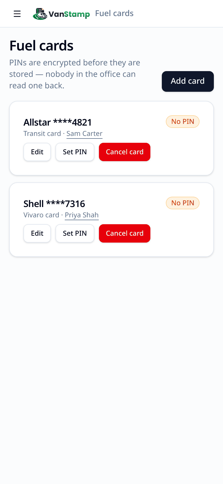 the fuel cards list (no real card numbers)