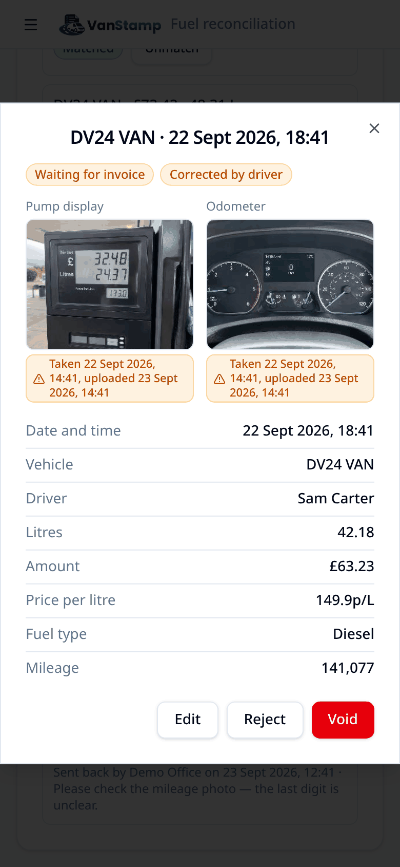 one fuel stop with both photos and how each figure was recorded