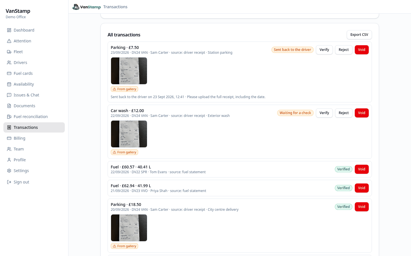 the transactions list