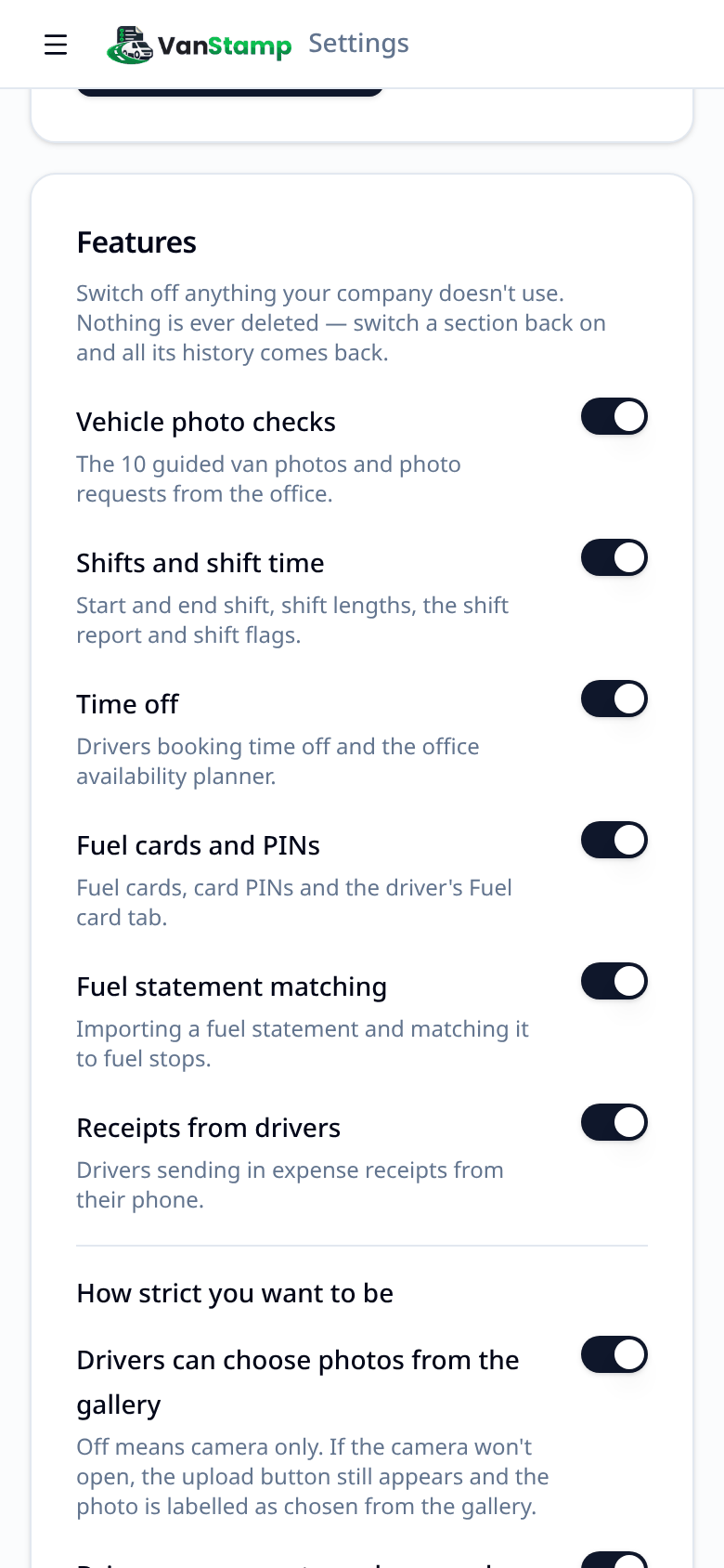 the Features switches in Settings