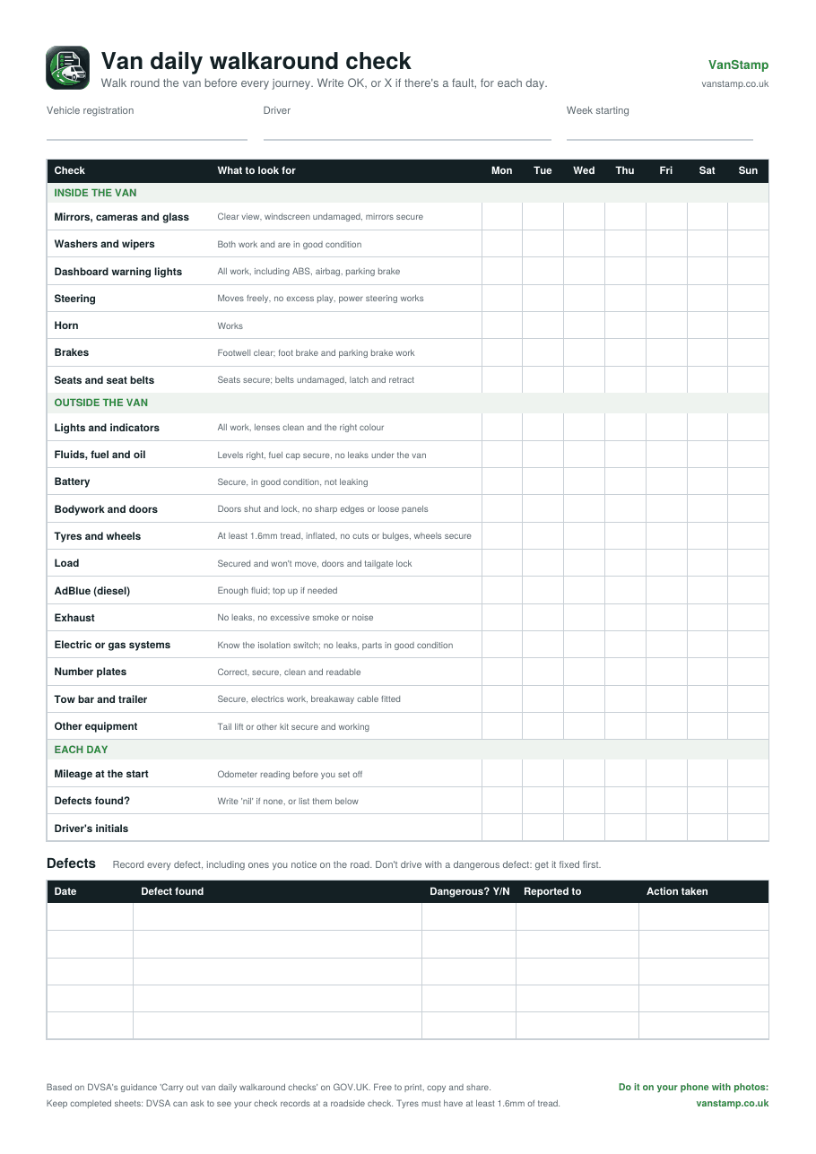Printable van daily walkaround check sheet: inside and outside checks with a column for each day of the week, and a defects table